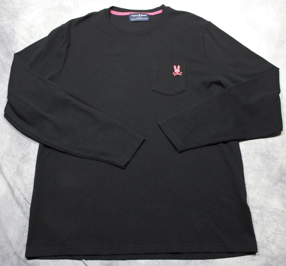 Psycho Bunny Shirt Mens 2XL Black Thermal Waffle Knit Pocket Logo Long Sleeve